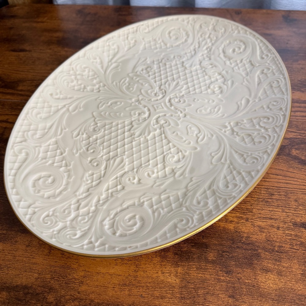 Lenox Ivory Embossed Dolphin Collection Serving Platter 24K‎ Gold Trim 16 Inch